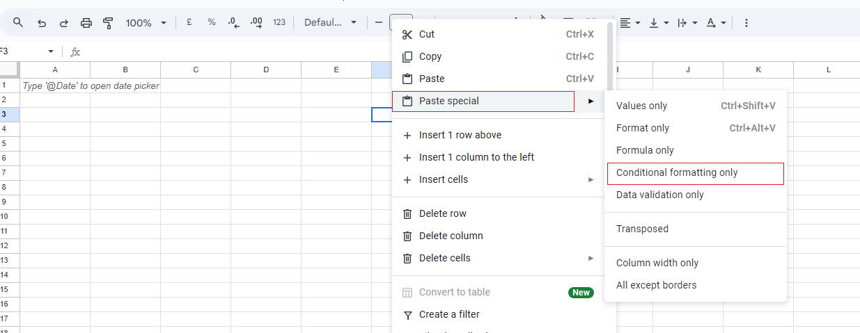 How to paste conditional formatting only in Google Sheets